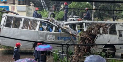 জগন্নাথ বিশ্ববিদ্যালয়ে বাসের ওপর উপড়ে পড়ল গাছ টানা বৃষ্টির মধ্যে
