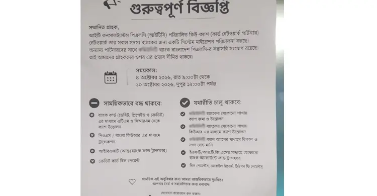 ছয় দিন বন্ধ থাকবে ৩০ ব্যাংকের কার্ড ও এটিএমসহ কিছু সেবা