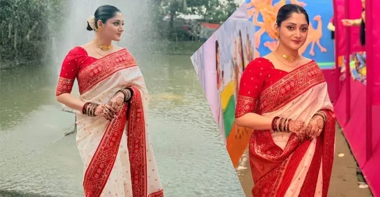 লাল পেড়ে সাদা শাড়িতে পূজা চেরী, মুগ্ধ ভক্তদের প্রশংসা